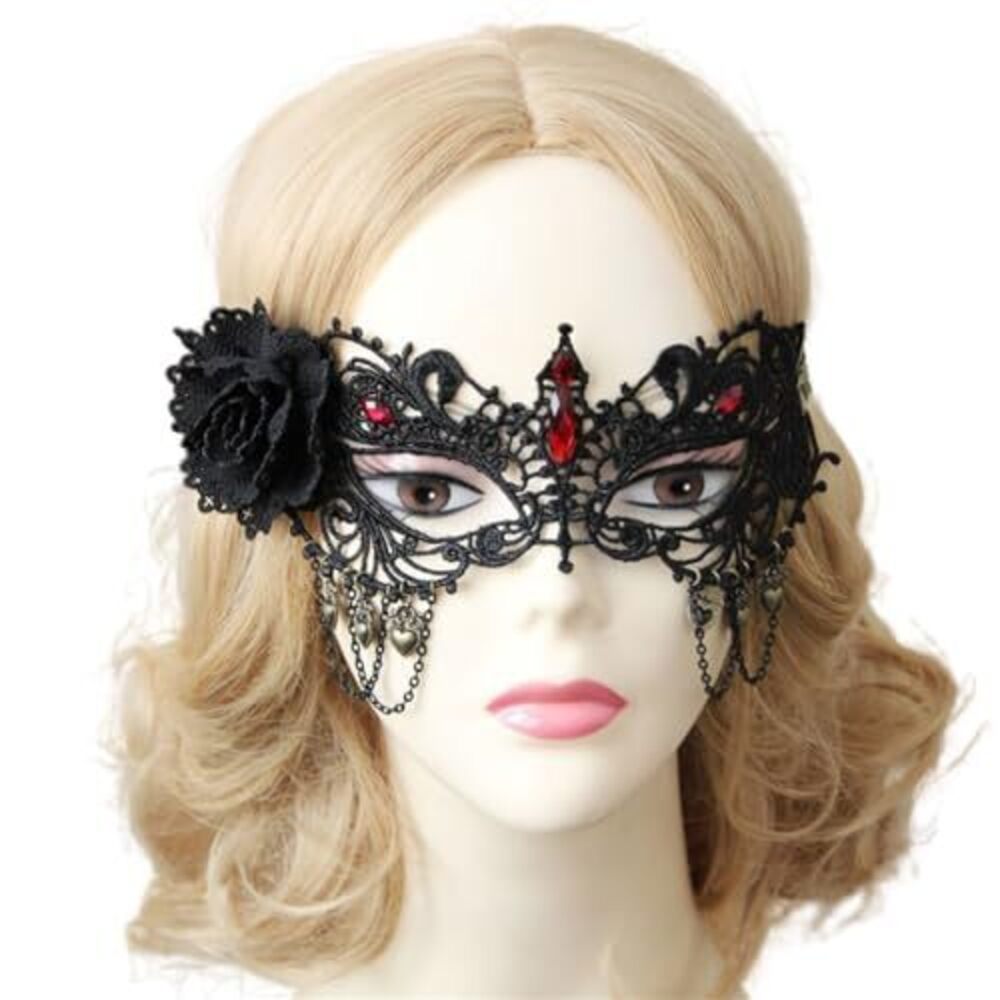 1018 Lace Face Mask Black Flower Rose Tassel Masquerade Ball Party